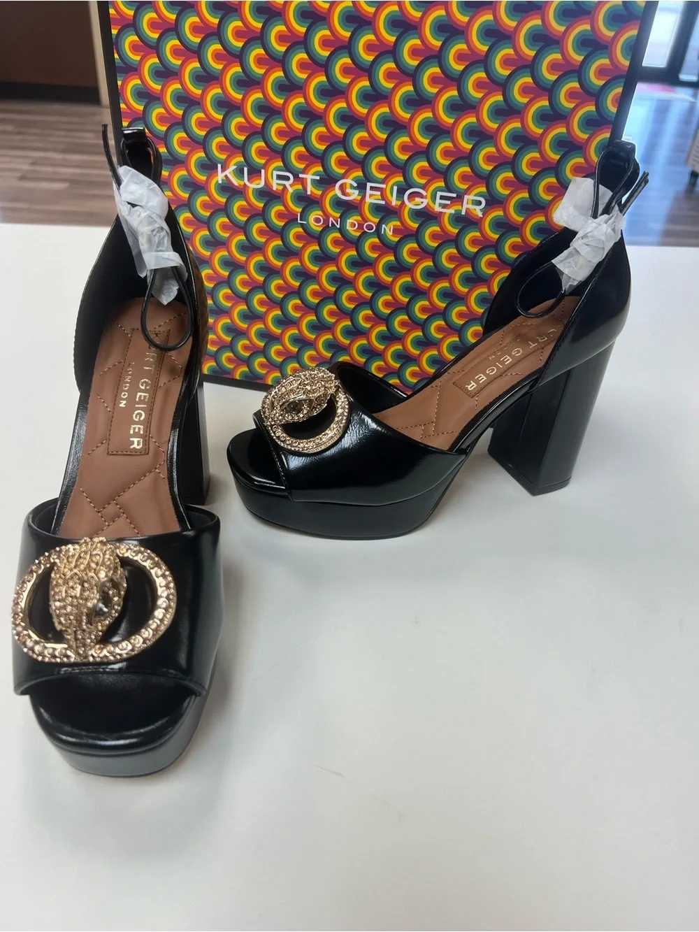 Kurt Geiger Black Patent Platform Sandals with Gold Crystal Medallion